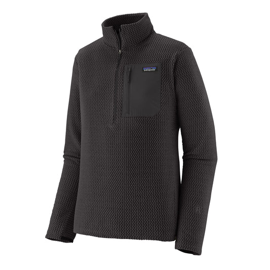 Vista frontal del forro polar técnico Patagonia M’s R1 Air Zip‑Neck en color negro con media cremallera y cuello alto