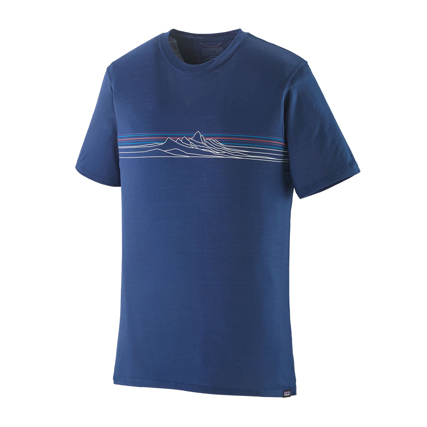 Camiseta técnica de lana merino Patagonia M's Cap Cool Merino Blend Graphic Shirt en color azul, con gráfico en el pecho, diseñada para regular la temperatura, controlar olores y ofrecer comodidad en actividades al aire libre, fabricada con lana RWS y poliéster reciclado.